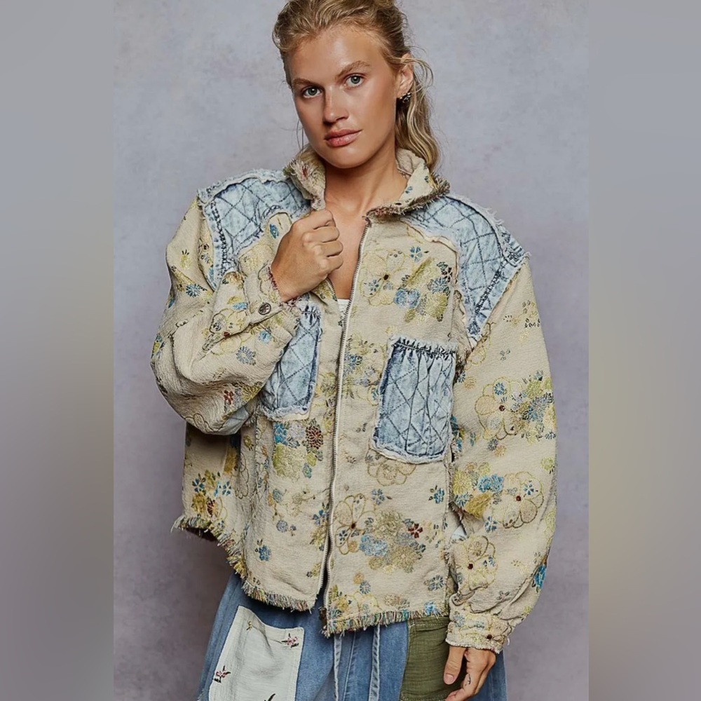 POL denim quilted tapestry floral patchwork jacquard boho pullover jacket coat - Picture 2 of 5